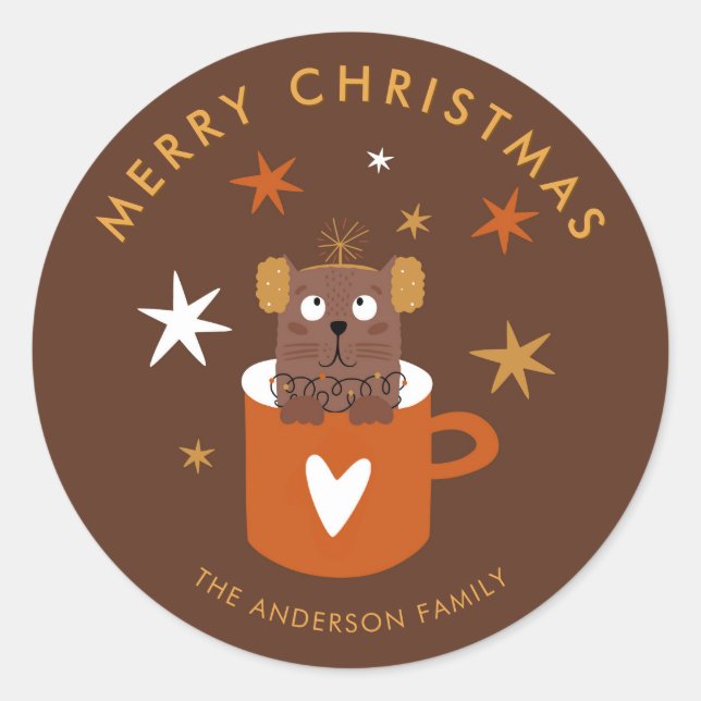 Cute Christmas Cat & Cocoa Mug Custom Sticker (Front)