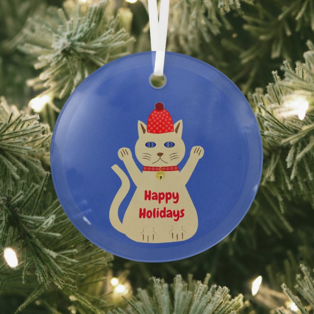 Cute Christmas Cat Custom Glass Tree Decoration (Insitu)