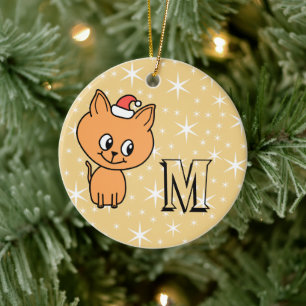 Cute Christmas Cat, Custom Monogram and Back Photo Ceramic Ornament