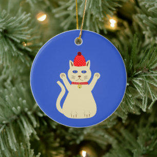 Cute Christmas Cat Custom Name Ceramic Ornament