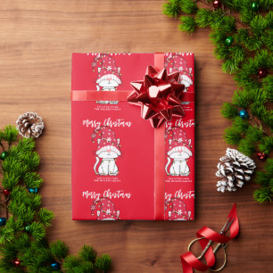 Cute Christmas Cat Custom Name Red Wrapping Paper