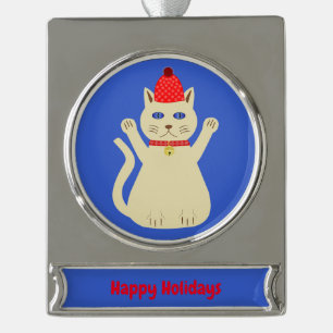 Cute Christmas Cat Custom Silver Plated Banner Ornament