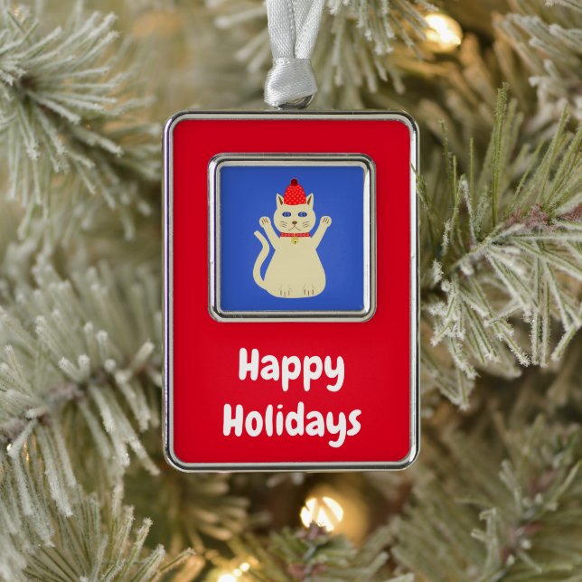 Cute Christmas Cat Custom Silver Plated Framed Ornament (Tree)
