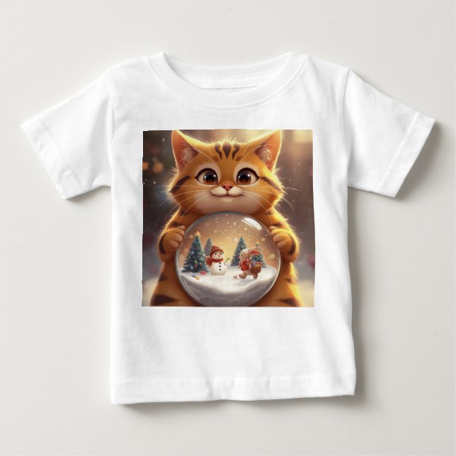 Cute Christmas Cat Holding Snow Globe Art Baby T-Shirt (Front)