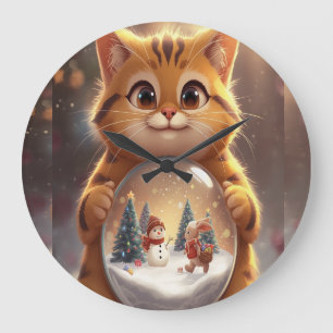 Cute Christmas Cat Holding Snow Globe Art Large Clock