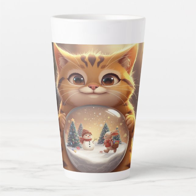 Cute Christmas Cat Holding Snow Globe Art Latte Mug (Front)