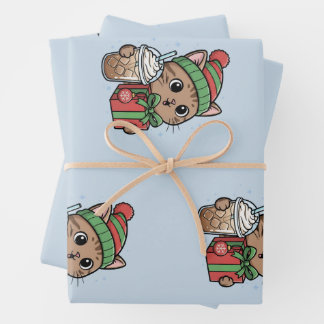 Cute Christmas Cat & Iced Coffee Pattern Wrapping  Paper Sheet