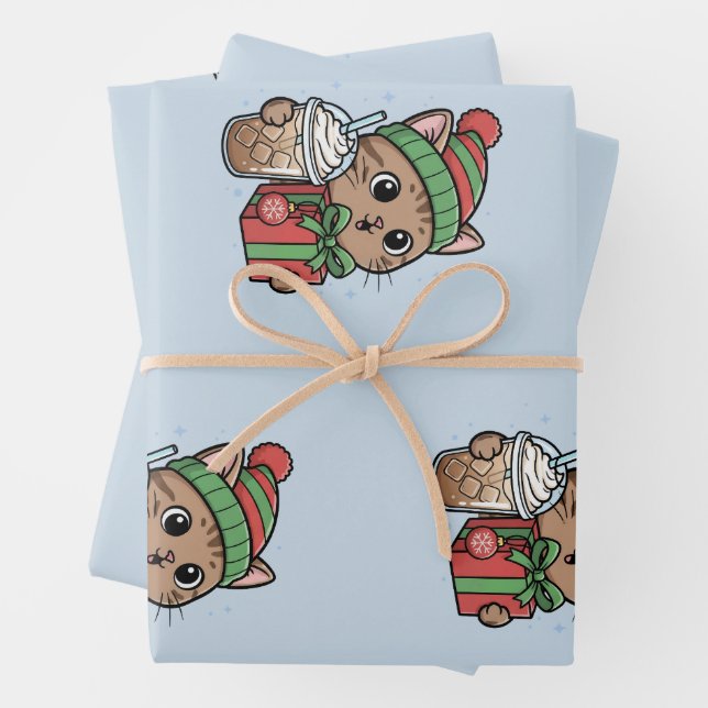 Cute Christmas Cat & Iced Coffee Pattern Wrapping  Paper Sheet (In situ)