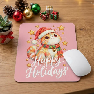 Cute Christmas Cat Illustration with Festive Charm Mouse Pad