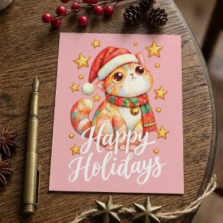 Cute Christmas Cat Illustration with Festive Charm Postcard