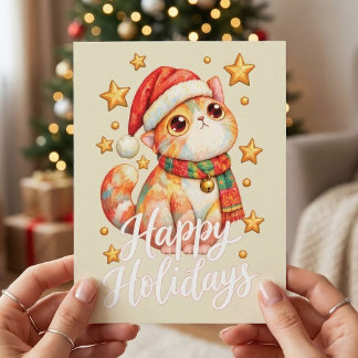 Cute Christmas Cat Illustration with Festive Charm Postcard