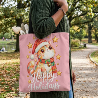 Cute Christmas Cat Illustration with Festive Charm Tote Bag