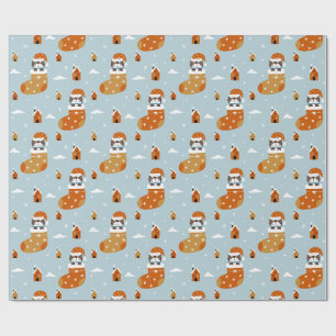 Cute Christmas Cat in a Stocking Blue Snowflake Wrapping Paper