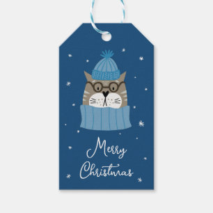 Cute Christmas Cat in Cosy Blue Knits Gift Tags