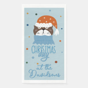 Cute Christmas Cat in Cosy Knits Blue Napkin