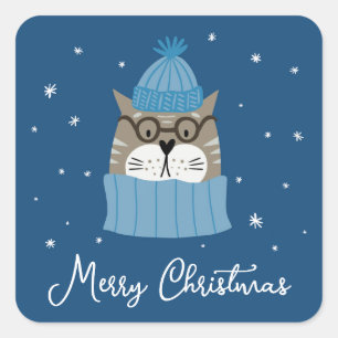 Cute Christmas Cat in Cosy Knits Snowflakes Blue Square Sticker