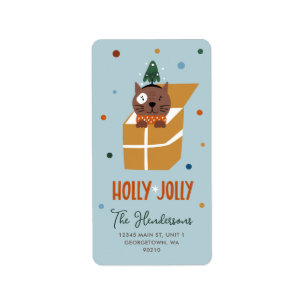 Cute Christmas Cat in Gift Box Blue Vertical Label