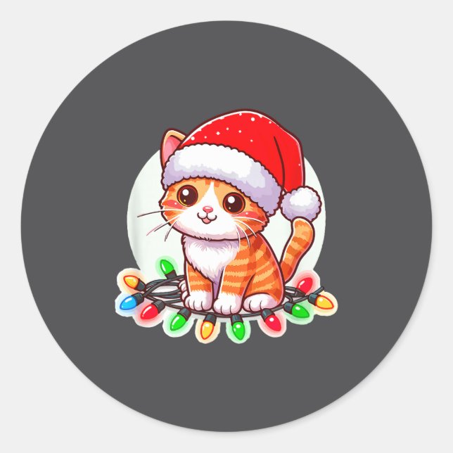 Cute Christmas Cat In Santa Hat  Classic Round Sticker (Front)