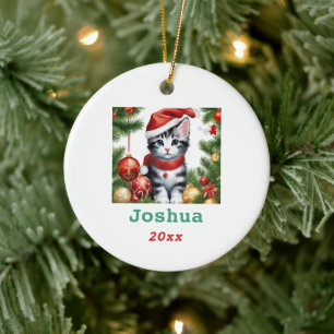 Cute Christmas Cat in Santa Hat Personalise Ceramic Ornament