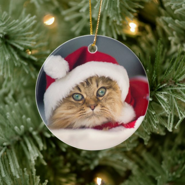 Cute Christmas cat lying Ceramic Ornament (Tree)