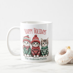 Cute Christmas Cat Mug   Custom Family Name