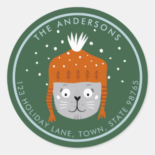 Cute Christmas Cat Orange Hat Green Customisable Classic Round Sticker