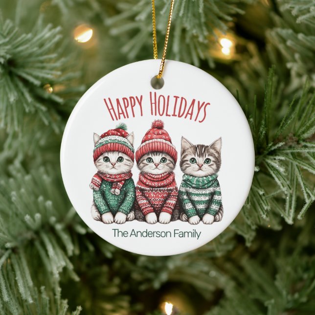 Cute Christmas Cat Ornament | Custom Family Name (Tree)