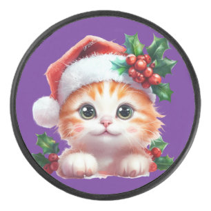 Cute Christmas Cat Ornament - Festive Holiday Gift Hockey Puck