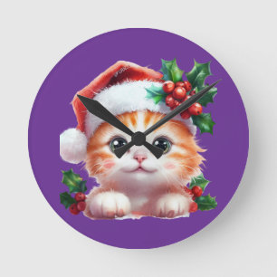 Cute Christmas Cat Ornament - Festive Holiday Gift Round Clock