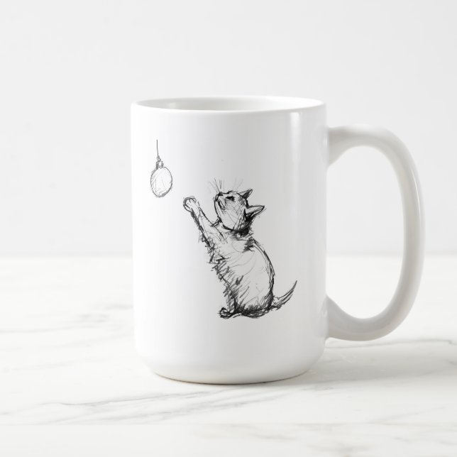 Cute Christmas Cat Reaching for Ornament Coffee Mug (Right)