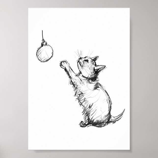 Cute Christmas Cat Reaching for Ornament Poster (Front)