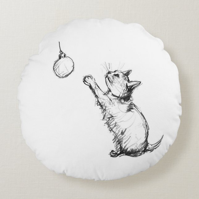 Cute Christmas Cat Reaching for Ornament Round Cushion (Front)