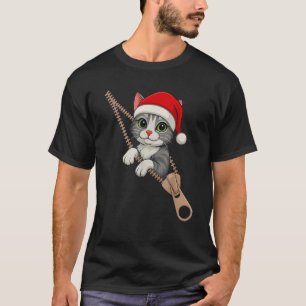 Cute Christmas Cat Santa Hat Zipper Peeking Kitten T-Shirt
