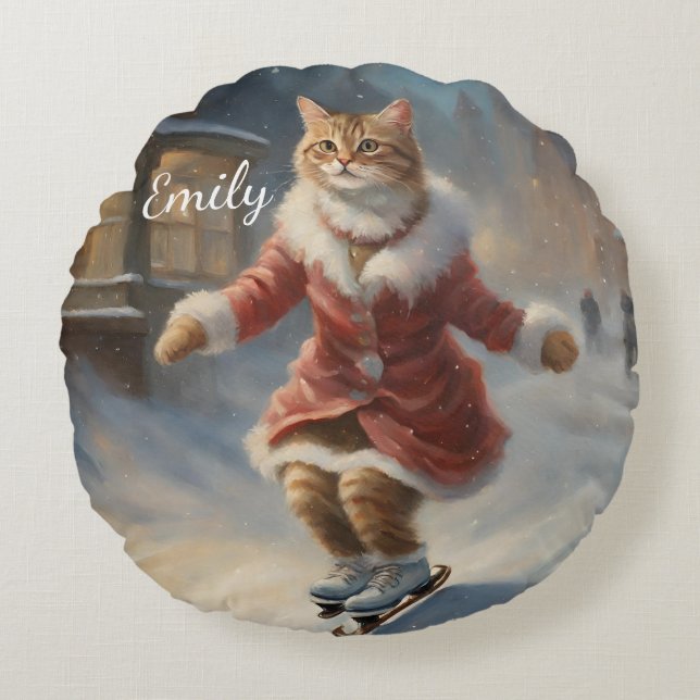 Cute Christmas Cat Skating Playfully Couch Round Cushion (Front)