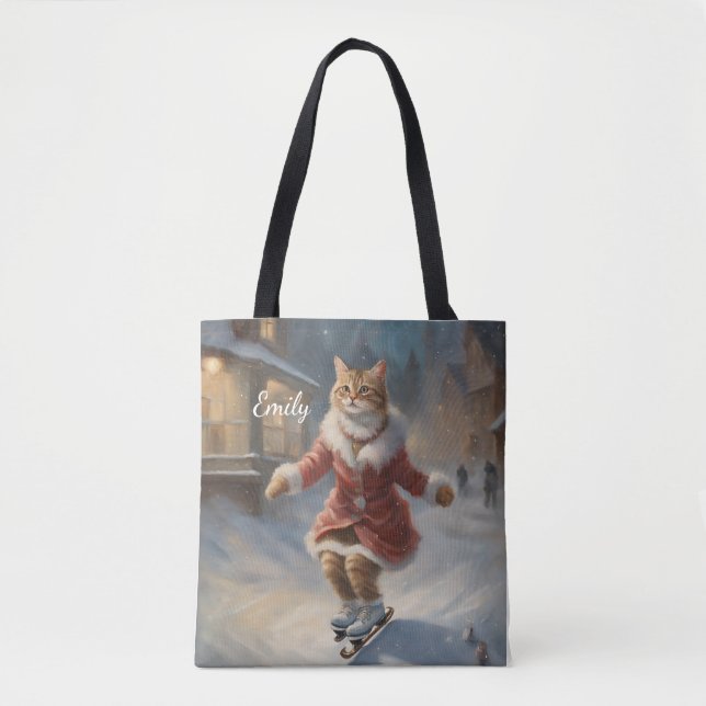 Cute Christmas Cat Skating Playfully Tote Bag (Front)