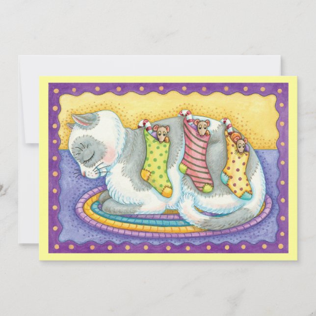 Cute Christmas Cat Sleeping with Mice in Stockings Holiday Card (Front)