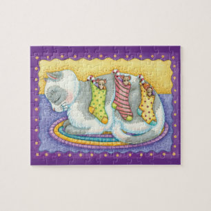 Cute Christmas Cat Sleeping with Mice in Stockings Jigsaw Puzzle