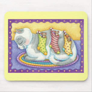 Cute Christmas Cat Sleeping with Mice in Stockings Mouse Pad