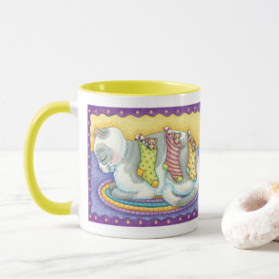 Cute Christmas Cat Sleeping with Mice in Stockings Mug