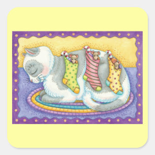 Cute Christmas Cat Sleeping with Mice in Stockings Square Sticker