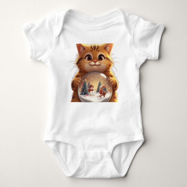 Cute Christmas Cat Snow Globe Baby Jersey Bodysuit (Front)
