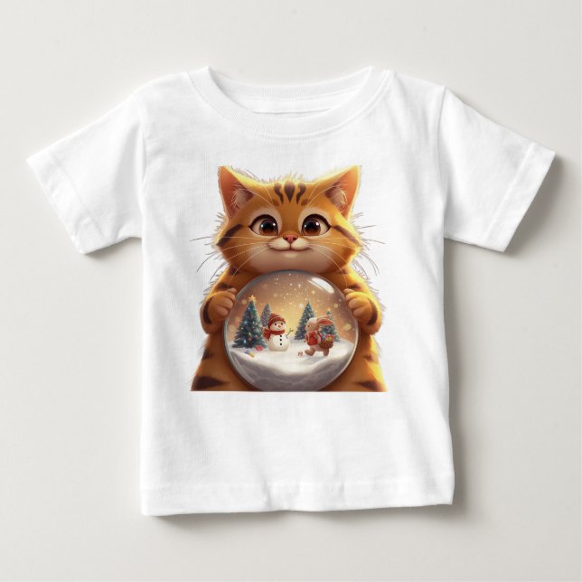 Cute Christmas Cat Snow Globe Baby T-Shirt (Front)