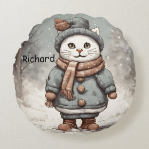 Cute Christmas Cat Snowman Watercolor Whimsical  Round Cushion
