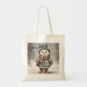 Cute Christmas Cat Snowman Watercolor Whimsical Tote Bag