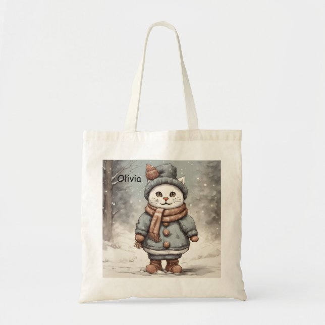 Cute Christmas Cat Snowman Watercolor Whimsical  Tote Bag (Front)