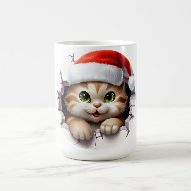 Cute Christmas cat through wall illustrated Coffee Mug (Center)