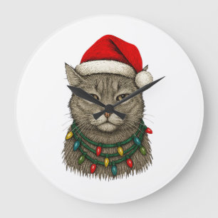 Cute Christmas Cat Wearing Santa Hat and Holiday Large Clock