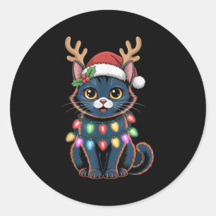 Cute Christmas Cat With Antlers Holiday Outfit Classic Round Sticker