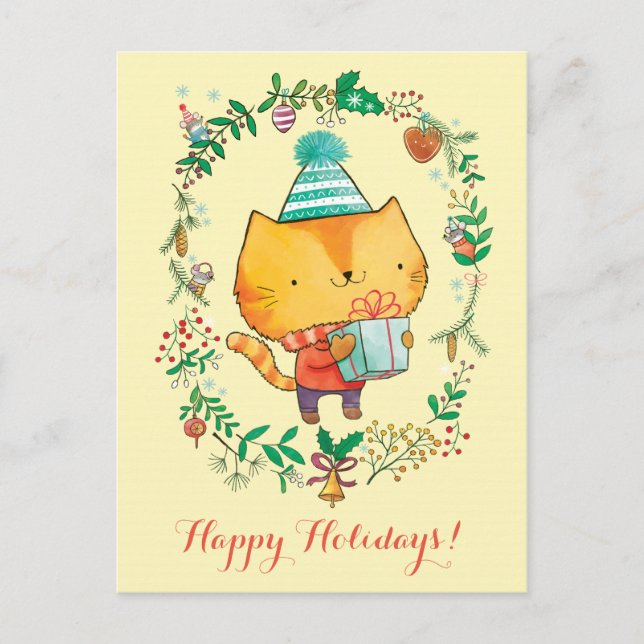 Cute Christmas cat with big gift box Postcard (Front)