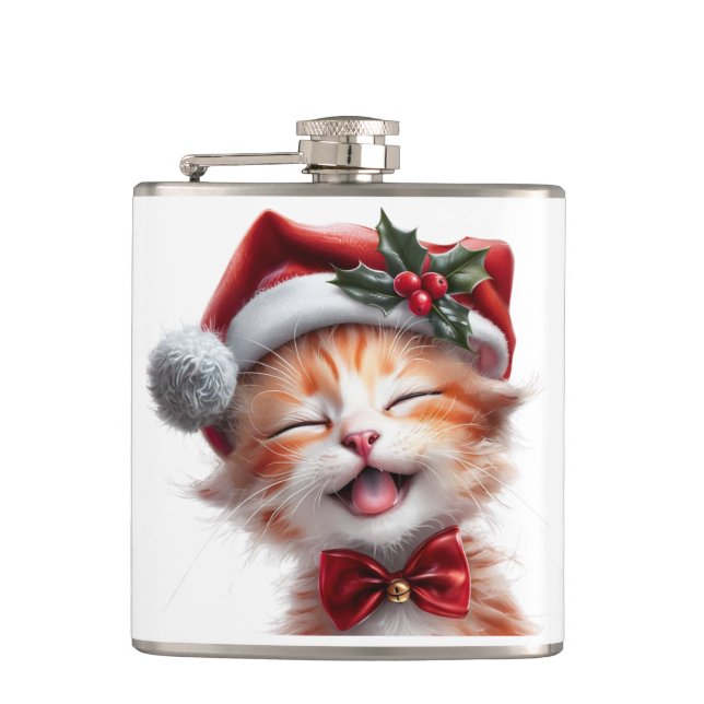 Cute Christmas Cat with Santa Hat and Bow Tie Hip Flask (Front)